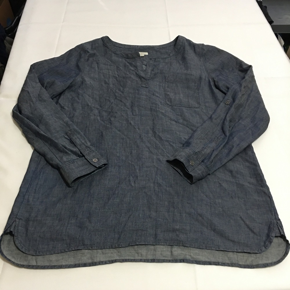 J.Jill Denim Tunic Top Medium Blue Linen Blend Roll Tab Sleeve